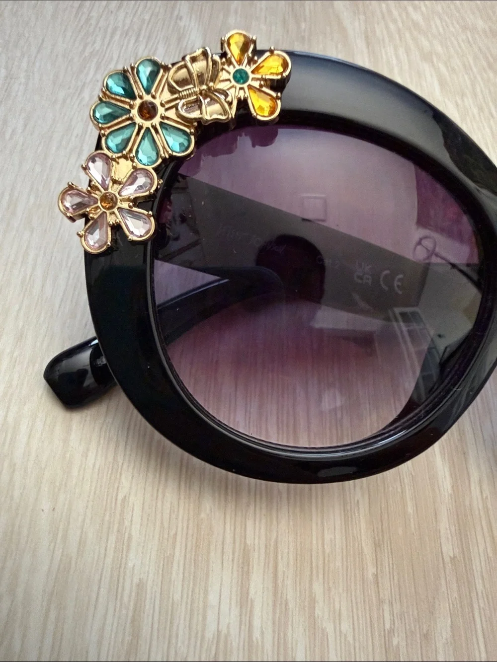 Betsey Johnson Black Sunglasses with Gold & Multi-Color Floral Gems